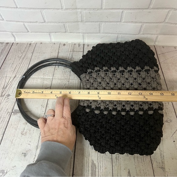 Vintage Macrame Handbag Purse Black Gray Bag Handmade Boho Round Handles MCM - Picture 6 of 13